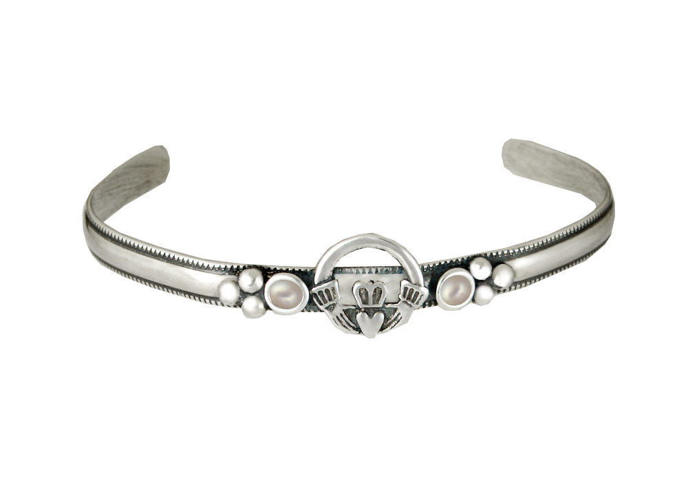Sterling Silver Claddagh Cuff Bracelet Cultured Freshwater Pearl